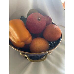 Vintage Blue Metal Colander With Brass Handles & Faux Fruits For Home Decor Or D
